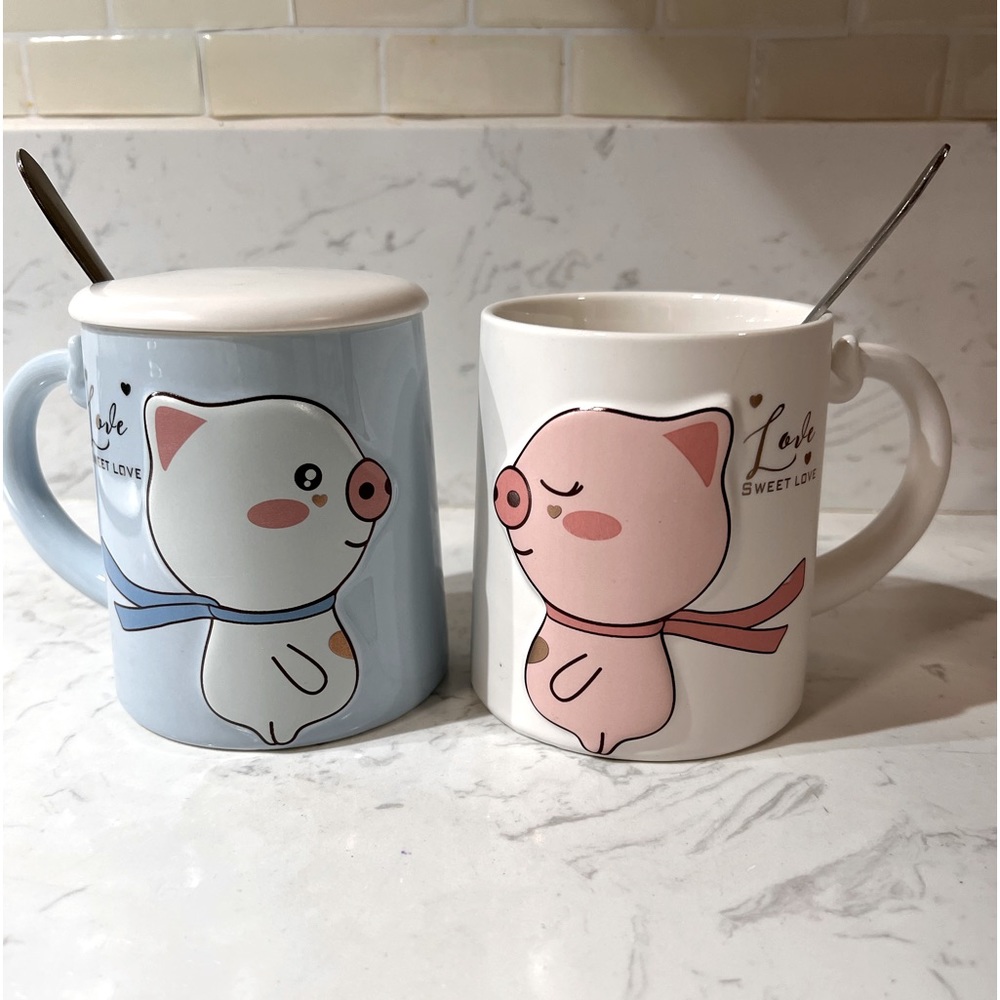 Pig embroidered mug cup set